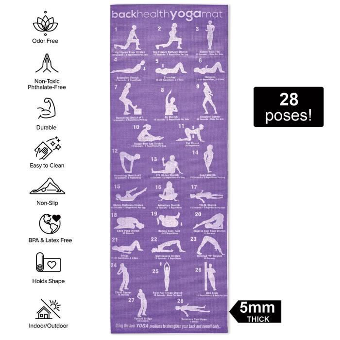 Tapis de yoga, tapis de gymnastique écologique de 5 mm d'épaisseur et sangle de transport, 28 postures Asana 180 cm x 60 cm,Purple