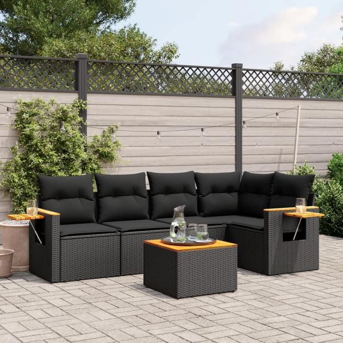 vidaXL Salon de Jardin avec Coussins 6 pcs Canapés de Terrasse Ensemble de Meubles de Patio Mobilier dExtérieur Noir 3226790