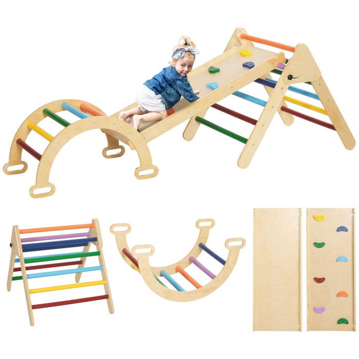 5 en 1 Triangle arche descalade enfants - AIYAPLAY - avec rampe descalade réversible toboggan bascule - multicolore