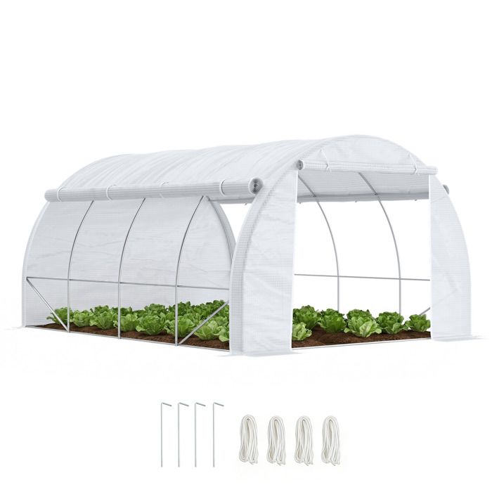 Serre tunnel - Outsunny - 12 m² - avec porte + parois latérales zippées enroulables 8 fenêtres - acier PE - 4 x 3 x 2 m - blanc