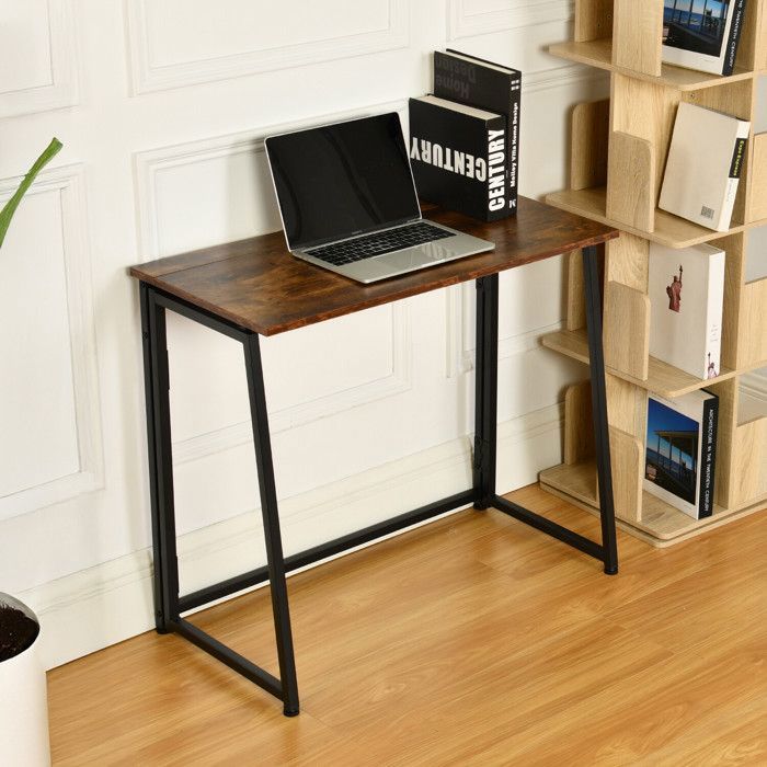 MEUBLES COSY Bureau/table dordinateur industriel pliant avec 4 roulettes en bois et en métal noir - ASCOLI