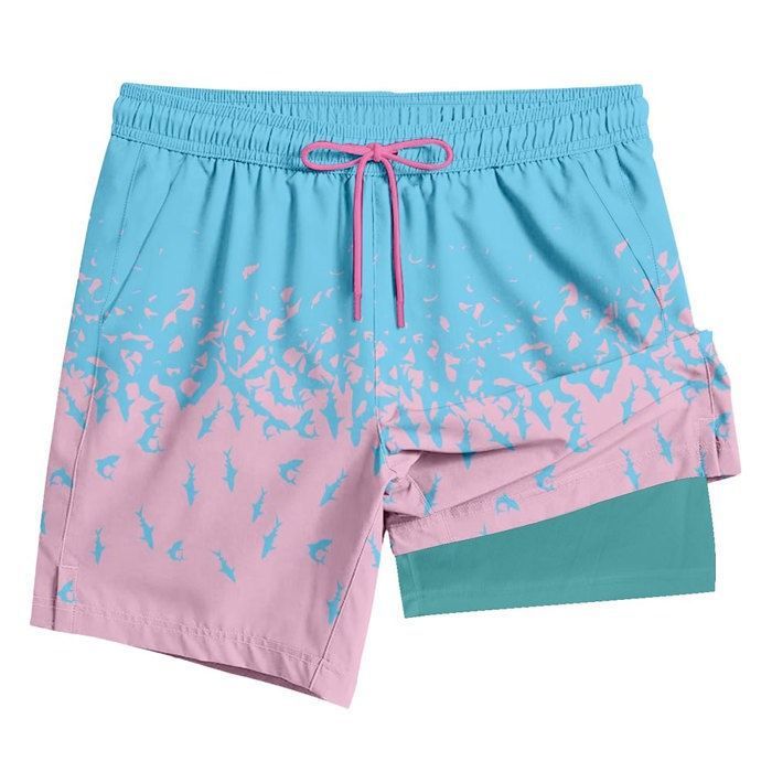 Short de Bain Homme 2 en 1 Taille Élastique Avec Doublure de Compression Short de Plage Séchage Rapide Couleur Dégradé - Bleu Clair