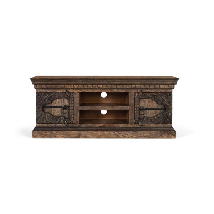 Meuble TV en bois de manguier massif - Finition vieillie - 2 portes sculptées - 2 étagères - 150x46x61 cm - Marron Meuble TV en bois de manguier massif - Finition vieillie - 2 portes sculptées - 2 étagères - 150x46x61 cm - Marron