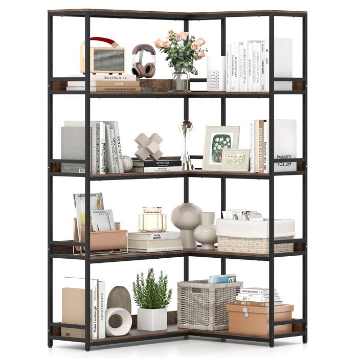Bibliothèque en L 180cm à 5 Niveaux COSTWAY Cadre en Métal Kits Anti-basculement Étagère dAngle pour Salon BureauBrun Rustique