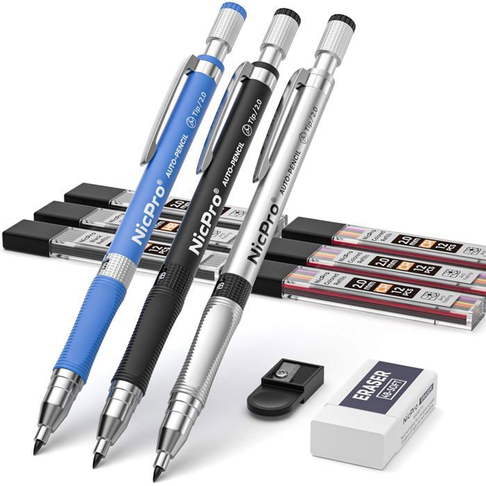 PMELCXD Porte Mines 2mm Crayon Automatique Tout Métal 2mm Avec 12 Mines