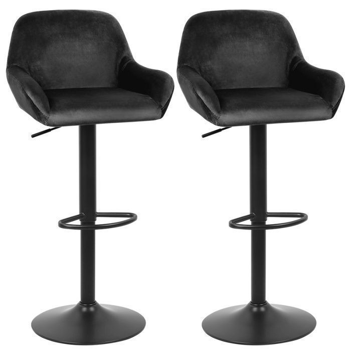 Lot de 2 tabourets de bar hauteur réglable pivotant avec accoudoirs et repose-pieds structure en métal Noir