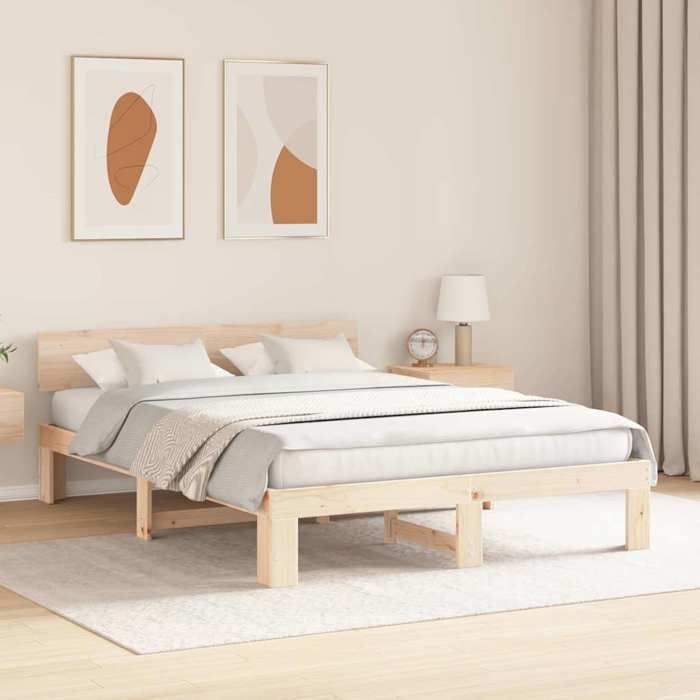 Structure de lit en pin massif - UU - 160x200 cm - Naturel - Pin massif - Cadre à lattes - Tête de lit incluse