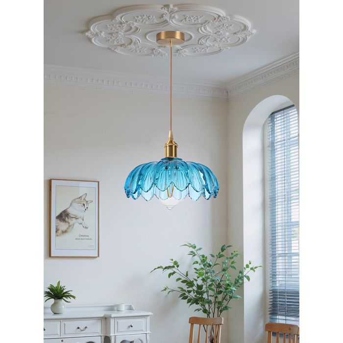 iDEGU Suspension Luminaire Moderne Lustre Vintage Abat-jour en Verre Design Fleurs Bleu E27 Lampe de Plafond Retro pour Salon 25cm