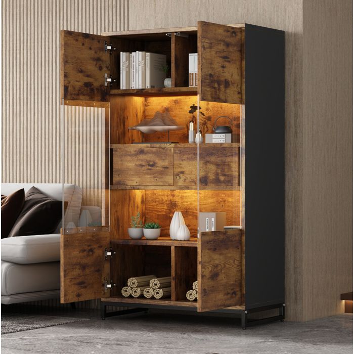 Vitrine 138 cm avec LED Bluetooth. 2 portes push. 2 tiroirs. 6 compartiments. MDF noir et bois