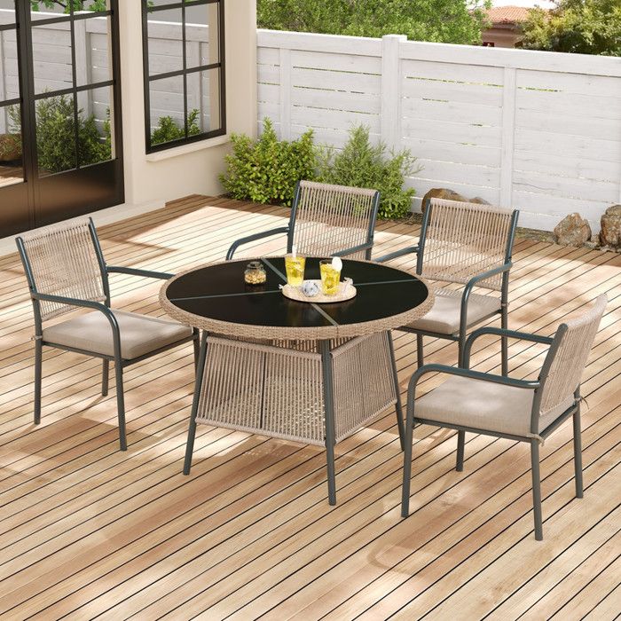 Ensemble de meubles de jardin en rotin - Table ronde en verre - 4 fauteuils - Cadre en fer - Rotin PE - Coussins inclus