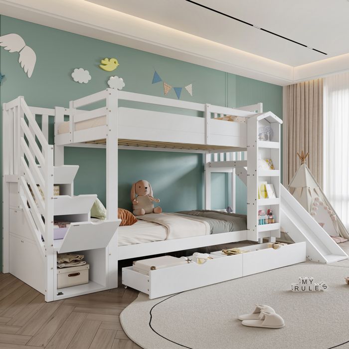 Lit - Lit superposé - 90 x 200 cm - Bibliothèque intégrée - Toboggan et escalier de rangement
