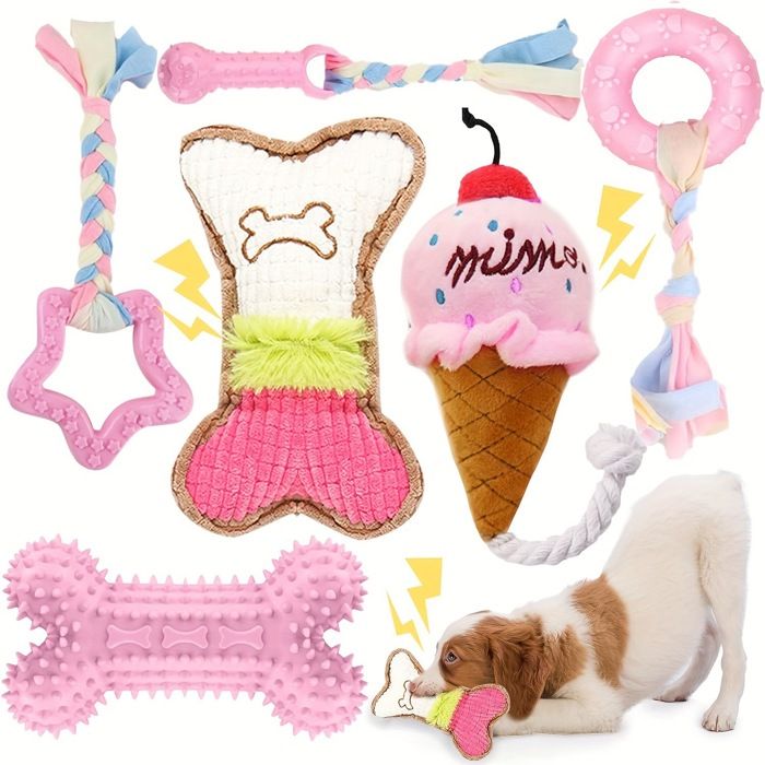Jouets de dentition pour petit chien - Phoesky - Lot de 6 - Caoutchouc souple - Corde en coton - Durable - Rose