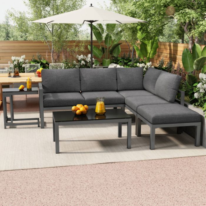 Salon bas de jardin extérieur – salon d’angle pour 4-5 personnes tables d’appoint et de salon mobilier résistant aux intempéries