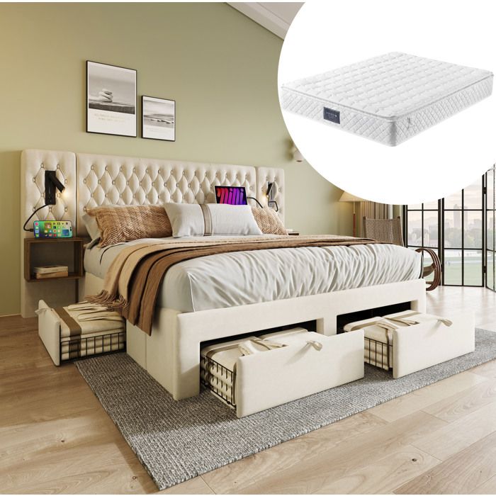 ULEVR Lit double 160x200 cm en velours beige avec matelas 2 tables de chevet 4 tiroirs lampes et USB Type-C