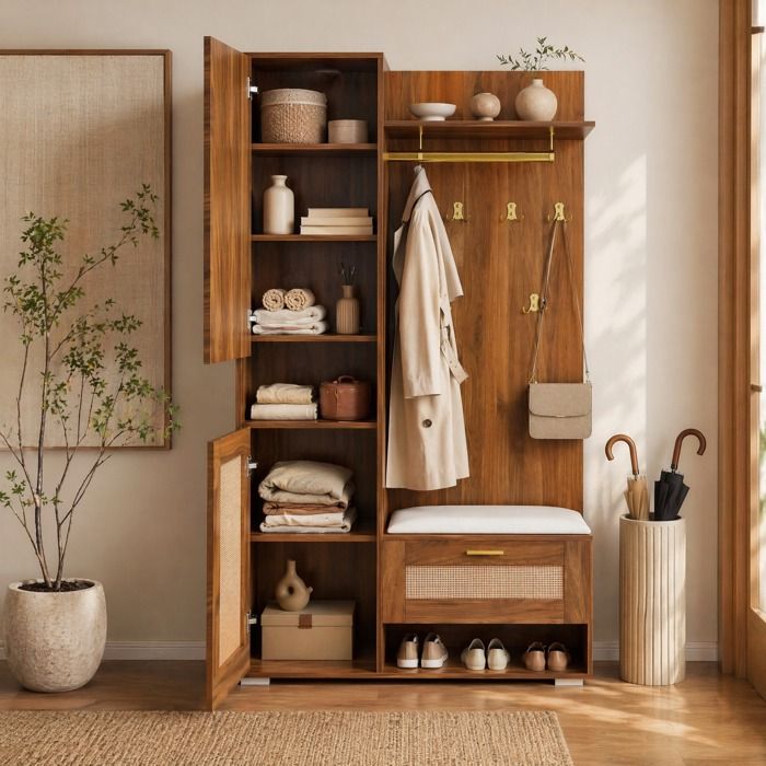 Meuble d’Entrée avec Miroir LED 16 Couleurs 3 Portes Banquette - TCQPZ - MDF Noyer Blanc 110 × 38 × 190 cm