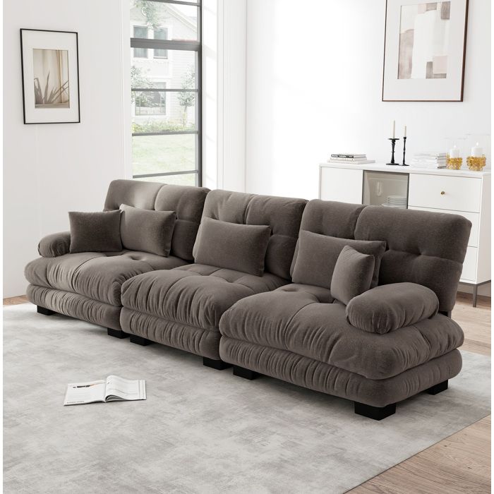 Canapé d’angle modulable 3 places en chenille brune à assise profonde