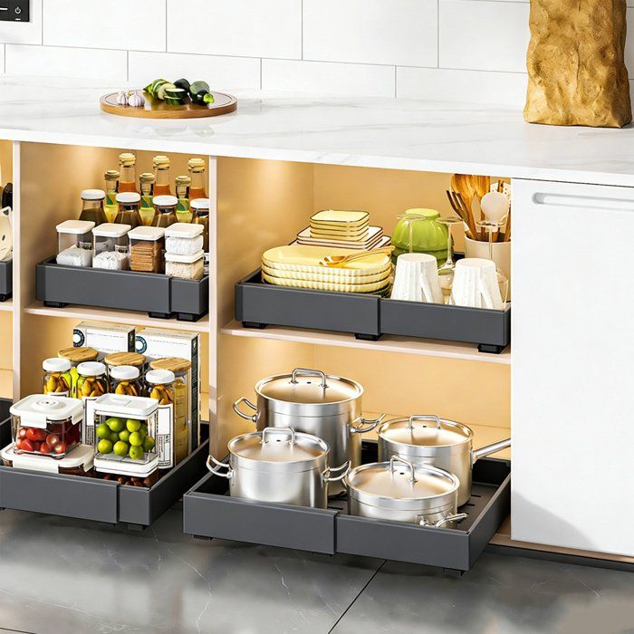2PCS panier coulissant Extensible 32-52 cm pour Vaisselle et Ustensiles Étagères de Tiroir de Cuisine Noir Organiseur Darmoire