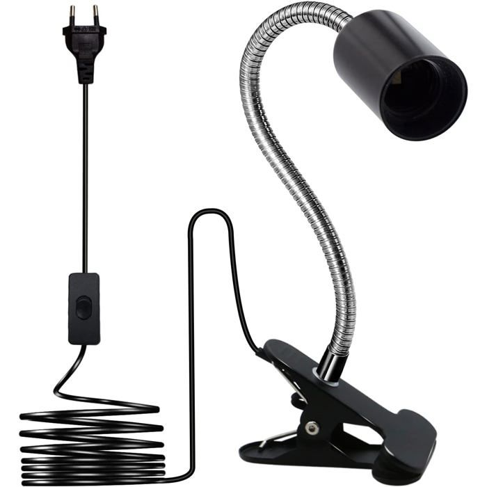 Lampe de chevet à pince culot E27 avec bras flexible de 350 mm et câble de 220 cm muni dun interrupteur lampe de lecture，noir