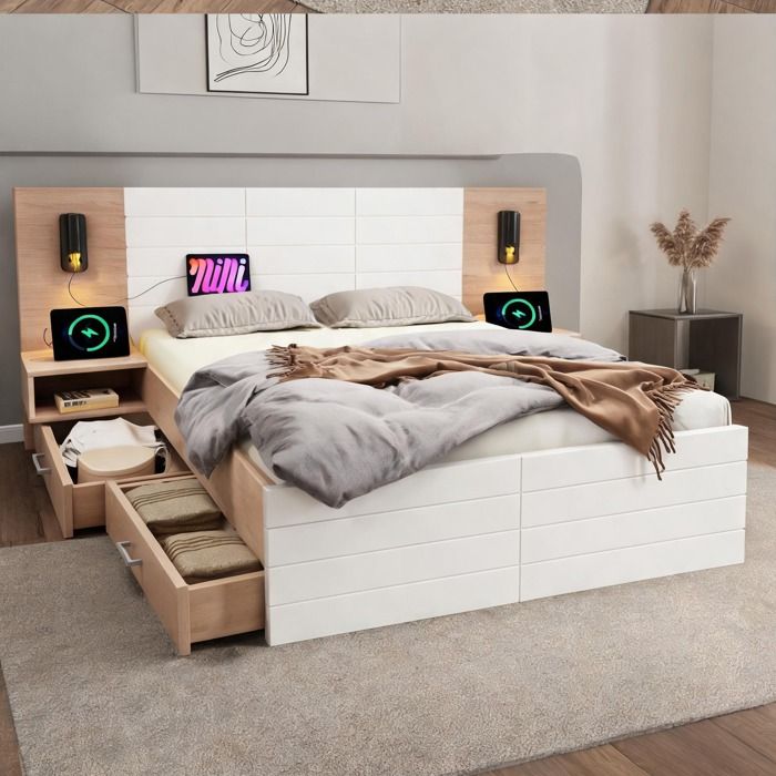 Ensemble lit double pour chambre à coucher white-toned chêne clair couchage 160x200 cm avec rangements