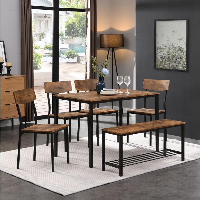 Ensemble table et chaises 6 pièces 1 table à manger+4 chaises de salle à manger+1 tabouret 6 personnes MDFmarron