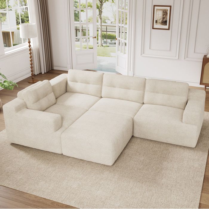 Canapé modulable 5 places en chenille beige 252 x 180 x 82 cm avec pouf configuration L ou U tout mousse