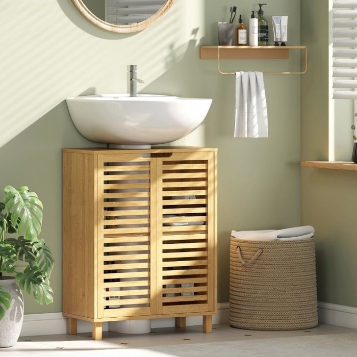 WOVREO Meuble sous vasque 60x30x80 cm en bambou naturel 2 portes à lames étagère réglable