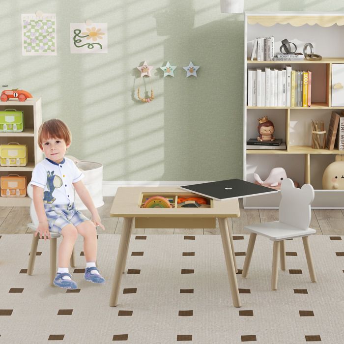 Ensemble table et 2 chaises enfant en bois 60 x 60 x 44 cm naturel et blanc rangements et ardoise amovible