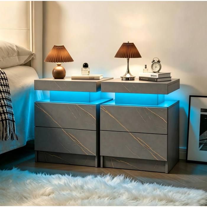 Lot de 2 tables de chevet LED EVRYAE avec 2 tiroirs rangement ouvert pour chambre ou salon gris et or