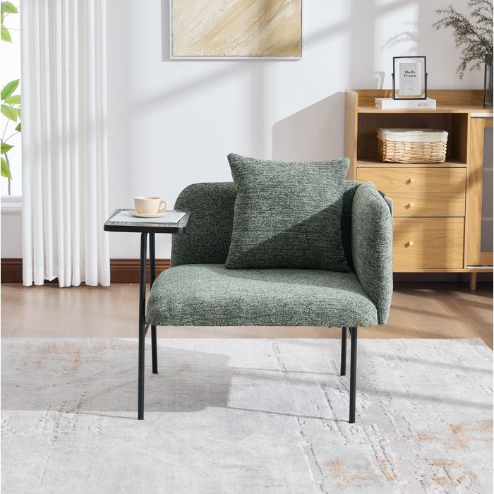 Fauteuil 1 place en chenille vert émeraude avec table d’appoint latérale et 2 poches 86 x 72 x 71 cm