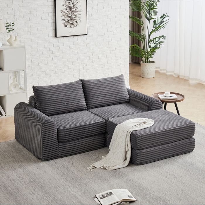Canapé convertible 2 places modulable en velours côtelé gris avec pouf amovible et accoudoirs courbés