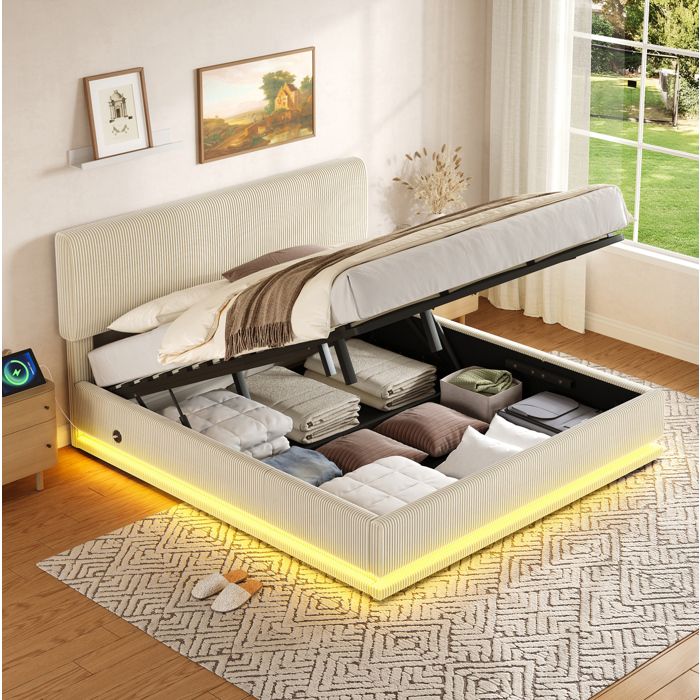 Lit coffre 180 x 200 cm beige avec LED USB-C tête de lit réglable et sommier à lattes