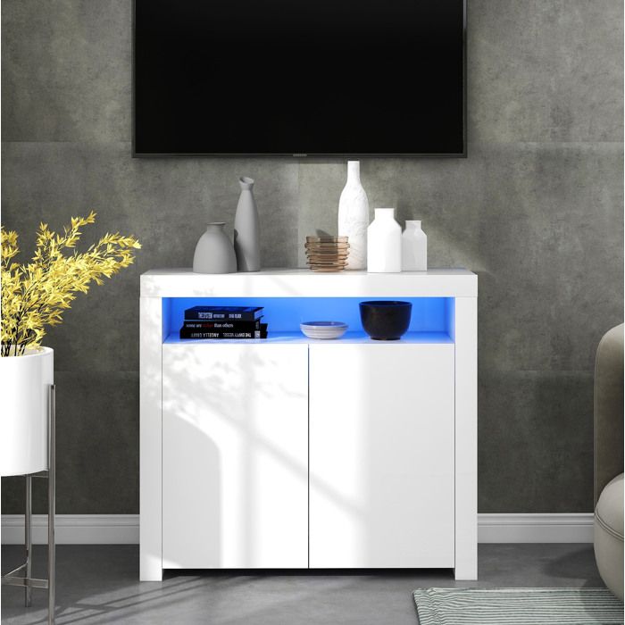 Buffet de rangement sideboard LED 2 portes avec niche ouverte blanc brillant 108x40x92 cm en bois ORVRYN