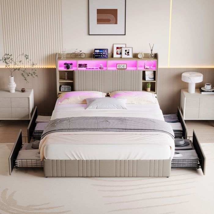 lit double 160x200cm lin beige rangement tiroirs tête lit bibliothèque éclairage RGB USB type-C sommier lattes chambre moderne