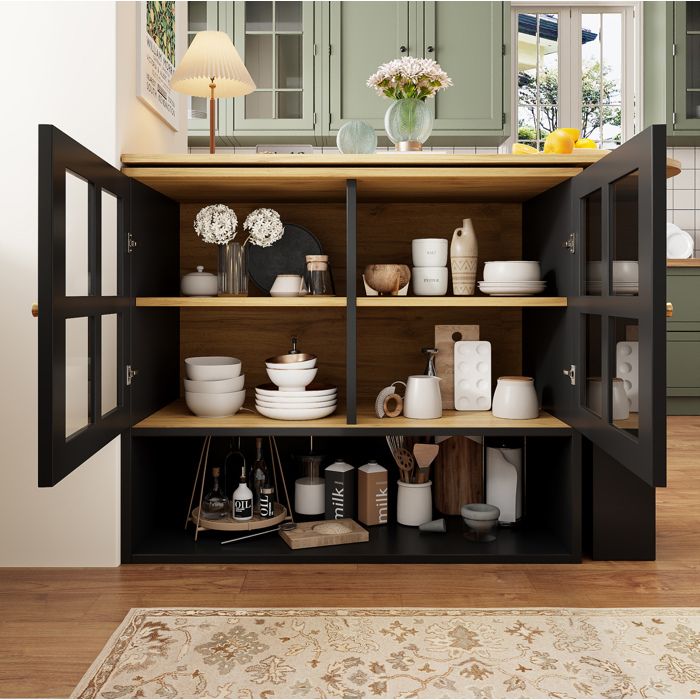 Buffet de cuisine pivotant 360° extensible 138-204 cm meuble rangement noir MDF portes verre trempé ORVRYN