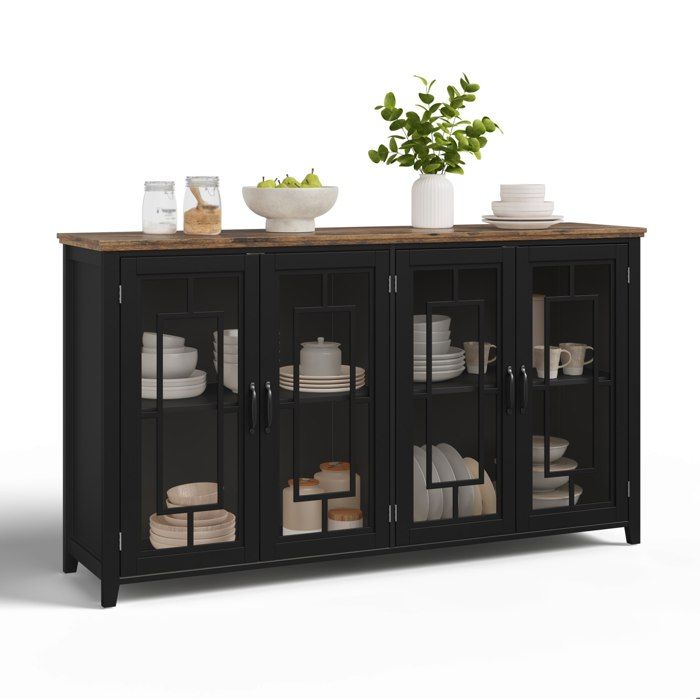 ELVORIN Buffet de cuisine 160 x 40 x 86 cm 4 portes vitrees plateau aspect bois MDF anti-basculement noir