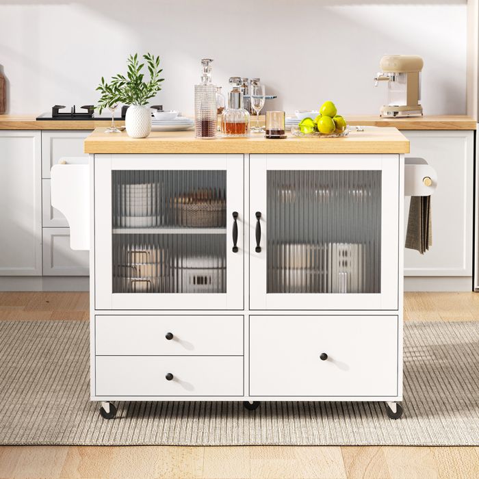 Îlot de cuisine mobile - Blanc + Naturel - Design scandinave - Plan de travail extensible 100x42-70 cm