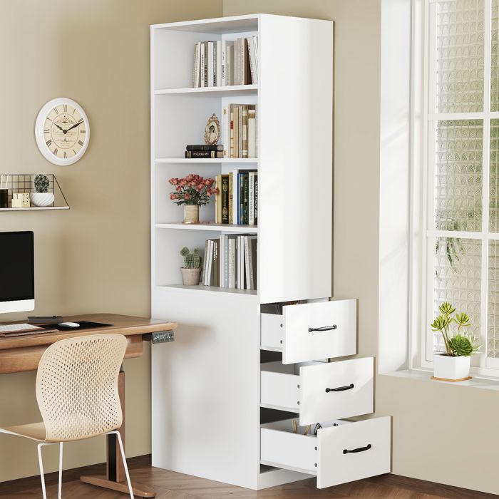 Bibliothèque étroite avec tiroirs - Hauteur 180 cm - Largeur 30 cm - Tiroirs latéraux intégrés - Étagères réglables