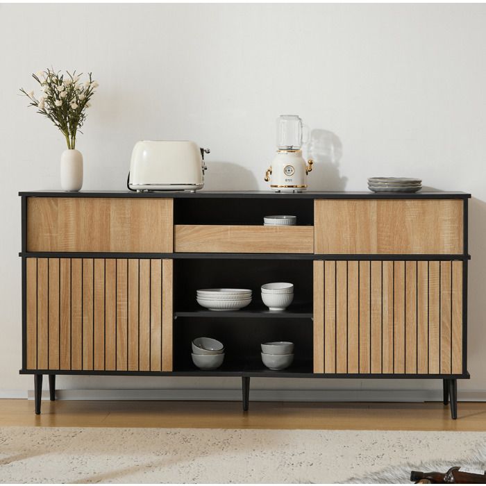 VEVXYN buffet bas bahut rangement 4 portes coulissantes 1 tiroir décor chêne noir 160 x 40 x 80 cm pieds métal étagère réglable