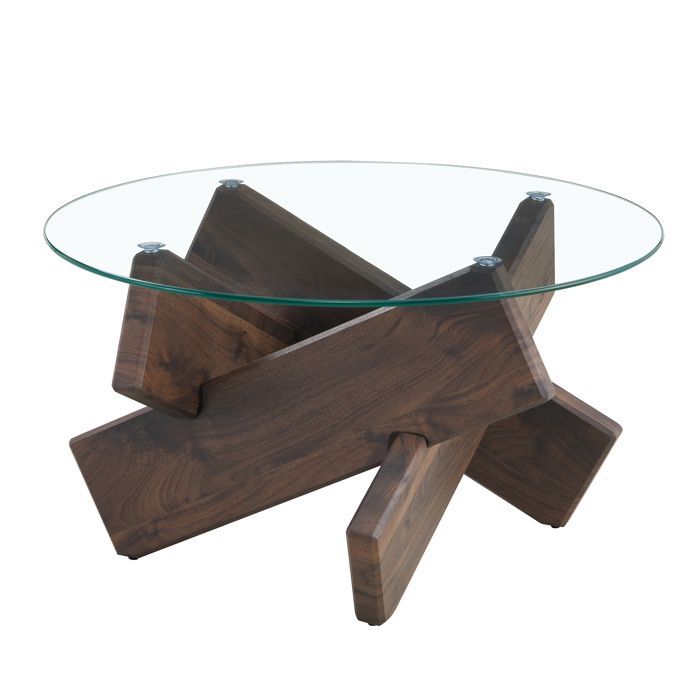 Table basse - FURNITURER - D79 H45 - Plateau verre Ø79 cm - Piètement croisé bois foncé - Contemporain Table basse - FURNITURER - D79 H45 - Plateau verre Ø79 cm - Piètement croisé bois foncé - Contemporain