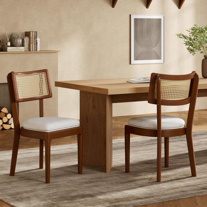 Chaises de salle à manger en bois - Lot de 2 pièces - Bois massif - Dossier en rotin - Coussin en lin - Design moderne
