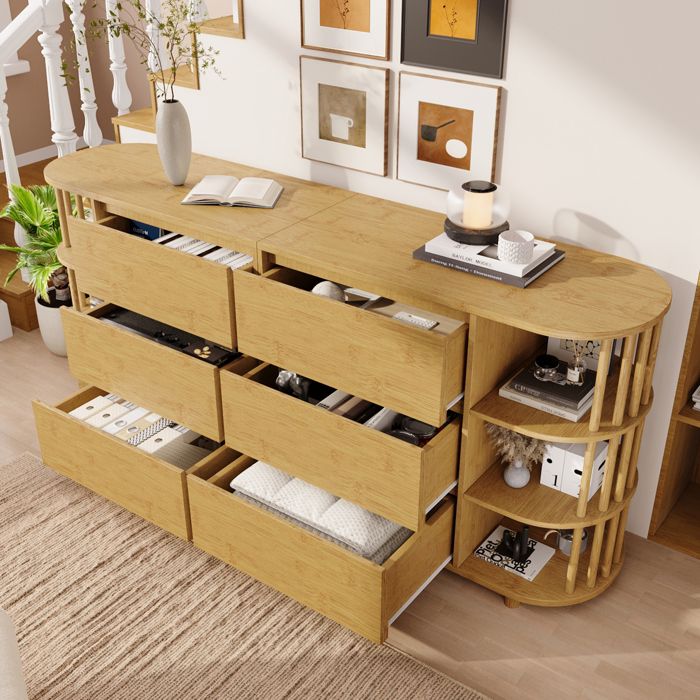 Buffet Bahut Salon Salle à Manger 6 Tiroirs Étagères Ouvertes Grand Rangement 160x40x75 cm LEMLIT - Chêne