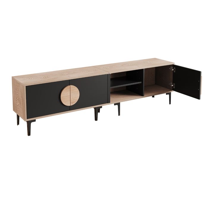 Meuble TV bas 180*35*49 cm 2 caissons + niches ouvertes ton bois/noir pour TV 80 pouces salon
