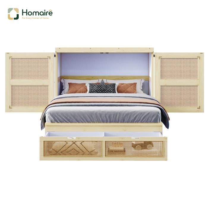Lit escamotable 140x200 cm design rotin armoire de rangement espace-saving avec ouverture 270 degrés pour petites pièces