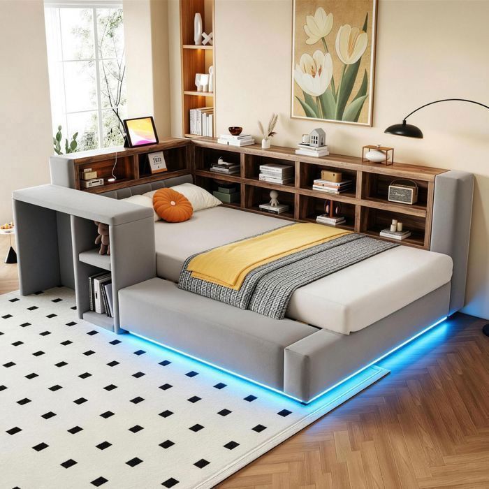 Lit gigogne avec tiroirs 90x200cm Tête de lit avec prises USB - Lit Rangement - Eclairage LED Gris foncé et Table de chevet latérale