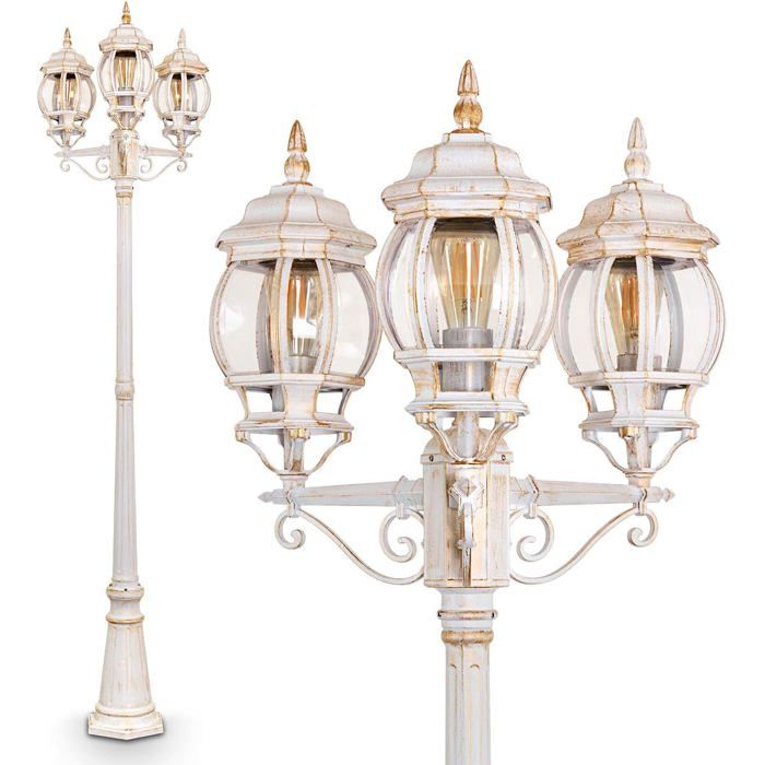 Lentua Lampe dallée à 3 branches 215 cm métal blanc et or style antique IP44 E27 Lentua Lampe dallée à 3 branches 215 cm métal blanc et or style antique IP44 E27