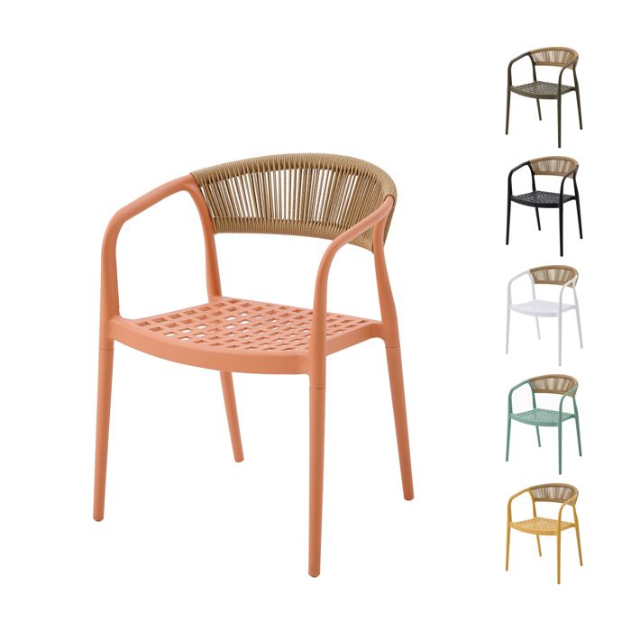6 X Chaises de jardin Solaro PP résistant aux UV & dossier en corde tressée main Orange Set de 6