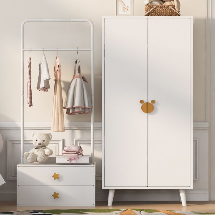ROVRYN Armoire enfant 140 x 55 x 170 cm avec 2 portes penderie ouverte et 2 tiroirs blanc