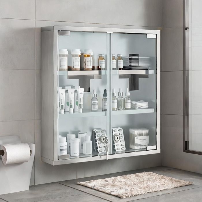 Rangement de salle de bain en finition argentée armoire à pharmacie murale à 2 - Argento Acciaio inox 430 vetro temperato 46 x