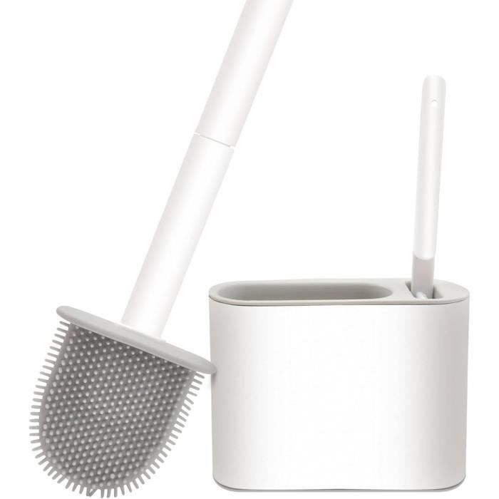 Brosse WC Plate En Silicone Avec Support Inox - Design Moderne - À Poser Ou Suspendre (adhésif 3M) - Nettoyage Efficace Sans Rayures