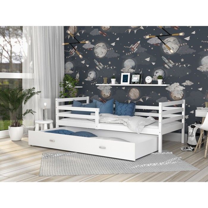 Lit enfant milo 90x190 blanc - blanc livr&eacute; avec sommiers, tiroir et matelas en mousse de 7cm